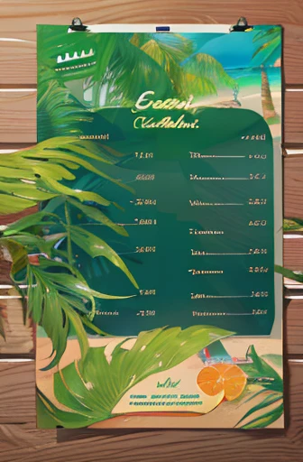 Accurate Sketch of a tropical bar menu, (((professional menu design))), (best quality:1.2), (detailed:1.2), (4k, high resolution), (masterpiece:1.2), ultra-detailed, (realistic, photo-realistic:1.37), A4 format, 4 pages layout, "Green Bar" neon sign title, crocodile silhouette watermark, palm tree silhouettes, wavy line dividers, cat icons as bullet points, cocktail section with palm leaf frames, "420" section with subtle ganja symbols, sand texture background, (beach resort atmosphere:1.1), color sketch, clean lines, simple sans-serif font, clear layout design, modern tropical style, (menu structure:1.2), price alignment, contact information footer, social media icons, QR code on last page, (readability:1.3), balanced composition