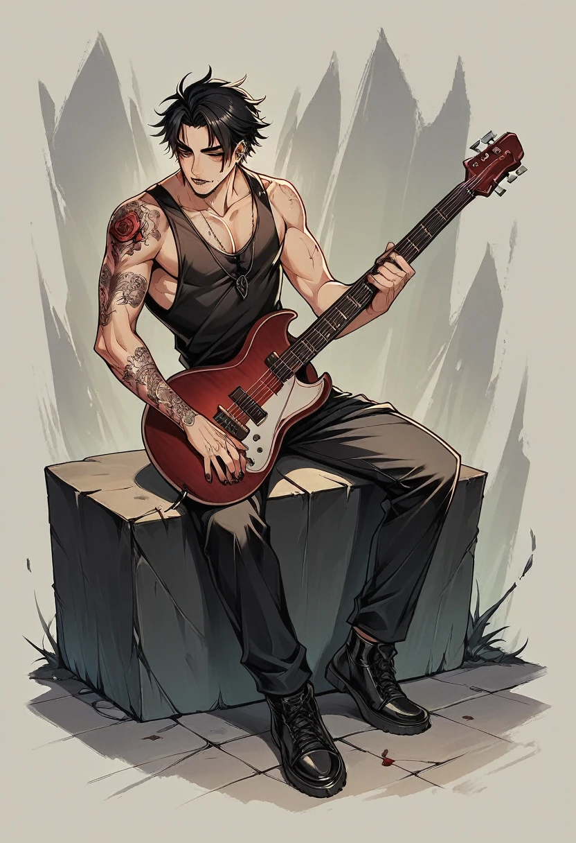 male ,black wolf cut shoulder-length black hair with maroon highlihts, tattoo's, punk, piercings, music-stage, musician, beautiful image, serene. masculine, musuclar, full body, tanktop. bloody, gothic