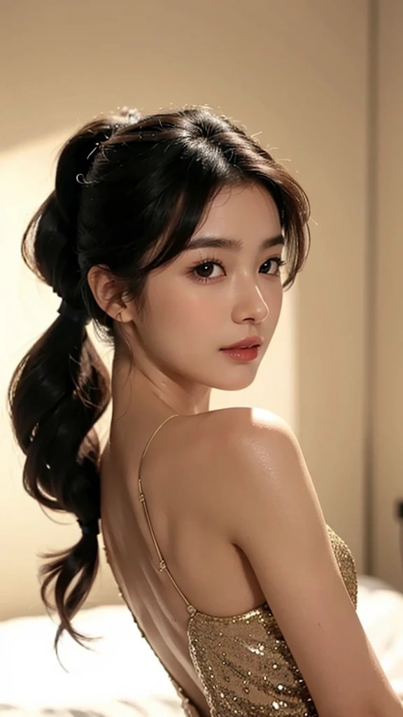 Lipstick in hand,Cosmetics commercial style,Commercial filming studio,close up face,fully body photo,masutepiece, The highest image quality, High quality, the background is clear,Beautiful woman, Japanese, Detailed, Ultra-detailed, finely detail, hight resolution, 8K Wallpaper, Perfect dynamic composition, Beautiful detailed eyes ,Detailed eyes, Detailed skin, Beautiful skin, 超hight resolution, (reality: 1.4),Very beautiful woman, Slightly younger face, Beautiful skin, slender, (Ultra photo realsisim), (hight resolution), (8K), (Very detailed) (beautifully detailed eyes), (super detailed), (Detailed face), view the viewer, Fine details, Detailed face, Staring straight ahead, Staring straight ahead, photos realistic, Bright lighting, Professional Lighting, Black hair,poneyTail,a baby face,sixteen years old,Hairstyle: ponytail,Long ponytail hairstyle,slight smile,