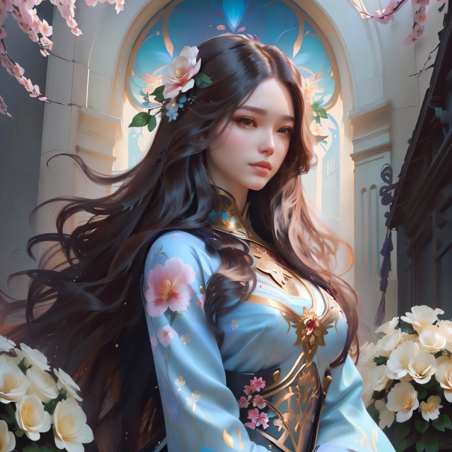 a woman with long hair standing in front of a bush of flowers, beautiful digital artwork, beautiful digital illustration, ig model | artgerm, artgerm. anime illustration, beautiful character painting, ross tran 8 k, beautiful digital painting, fantasy art style, deviantart artstation cgscosiety, style artgerm, beautiful digital art, gorgeous digital painting
