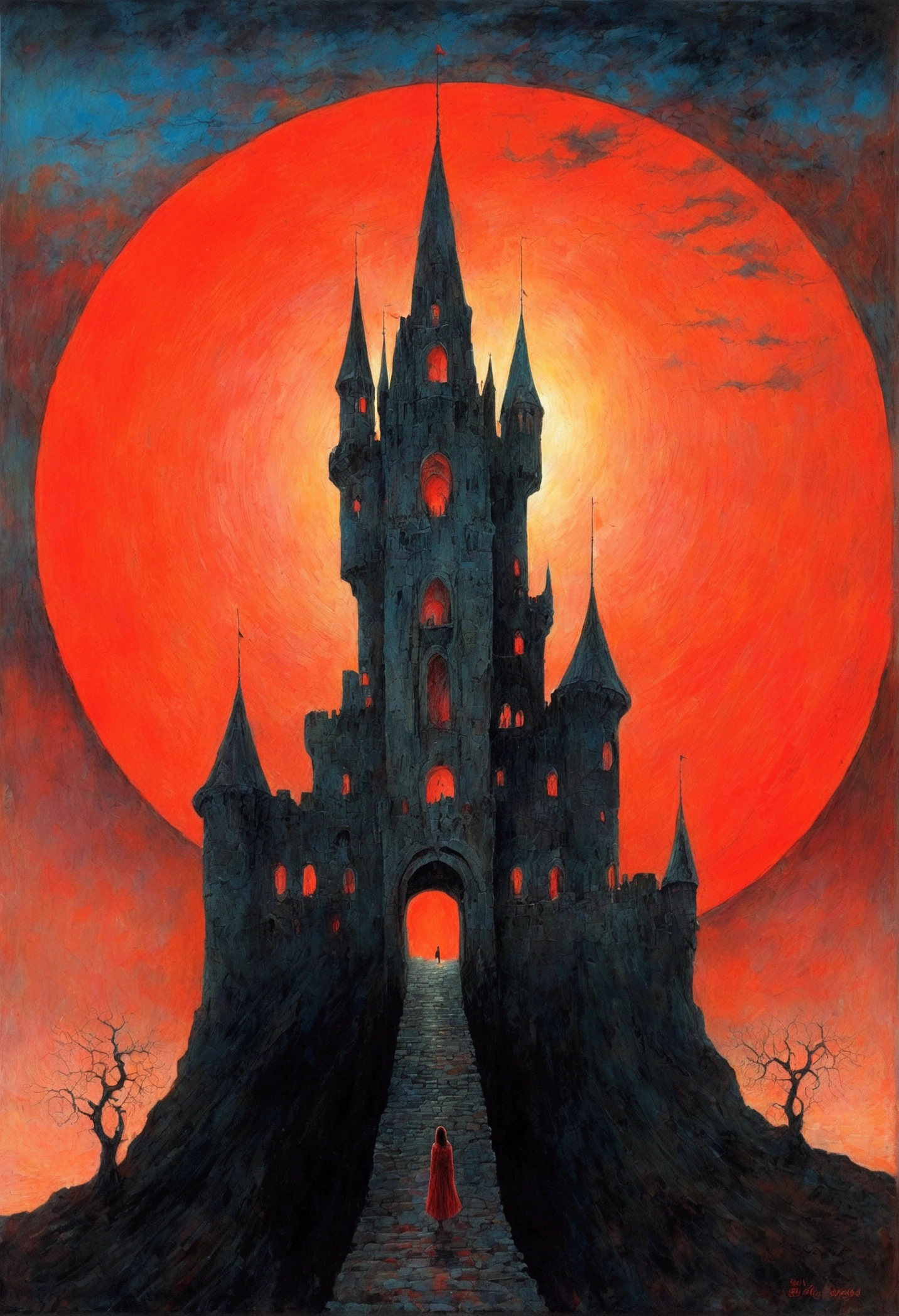 black cat, author:Zdzislaw Beksiński、Big Eye in the Sky、Red Moon、girl、Huge castle