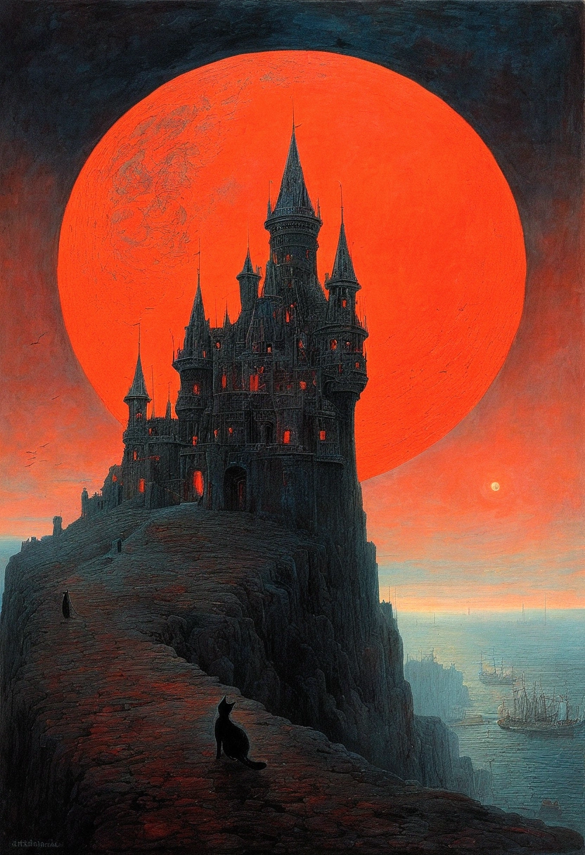 black cat, author：Zdzislaw Beksiński、Big Eye in the Sky、Red Moon、girl、Huge castle
