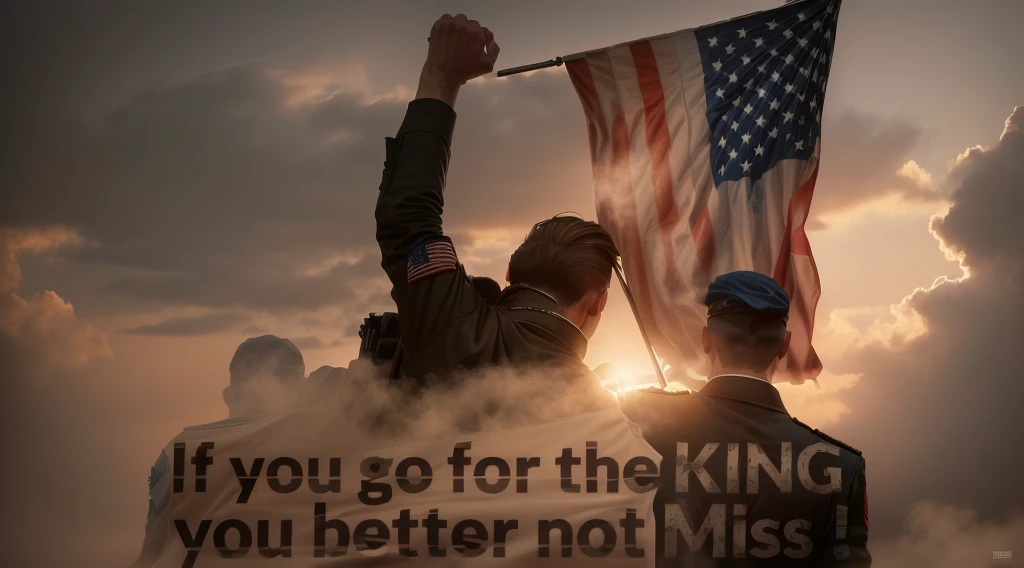 There stands a man, holding a flag with a quote on it, backshot, Banner, Flag in hands, Patriot, Gott schütze die kingin!!!, Flag in the right hand, patriotism, king, kneeling!!, Patriotic, image, Header, , Military, Fotoillustration, Motivation poster, king of kings, Patriotic!, kneeling, flag, Officially