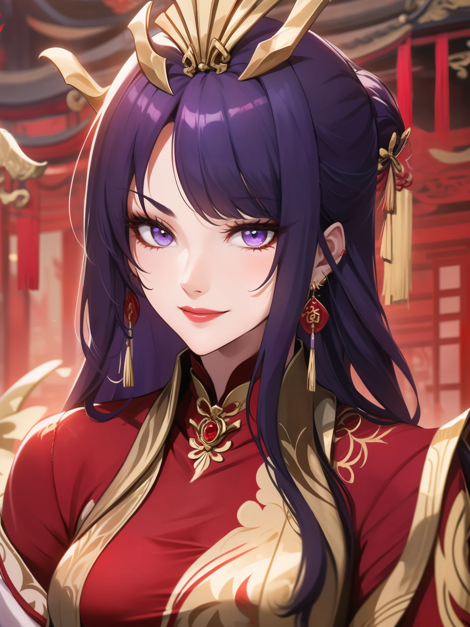 score_9, score_8_up, score_7_up, score_6_up, score_5_up, score_4_up, Raiden shogun, purple eyes, purple long hair, tied hair, hair in a bun, hairpin, traditional Chinese red wedding hanfu dress, Yourqipao Red Embroidery Chinese Xiuhe Hanfu Women's Satin Cheongsam Ancient Traditional Chinese Bride, Wedding Dress, Long Dresses, Long Earrings, Red Lipstick, Detailed Eyes, Traditional Wear, Sexy Attractive, Hot, Traditional, Smiling Wide, Happy, Blush, Gold Jewelry, Gold Earrings, Gold Headpiece and Ring, Gold Necklace, Gold Trimmed hanfu, beautiful bride.