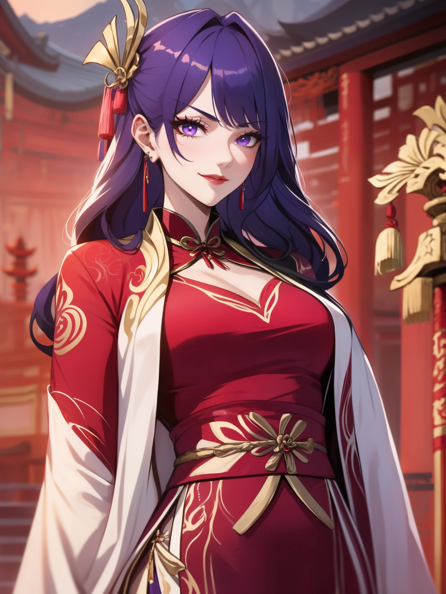 score_9, score_8_up, score_7_up, score_6_up, score_5_up, score_4_up, Raiden shogun, purple eyes, purple long hair, tied hair, hair in a bun, hairpin, traditional Chinese red wedding hanfu dress, Yourqipao Red Embroidery Chinese Xiuhe Hanfu Women's Satin Cheongsam Ancient Traditional Chinese Bride, Wedding Dress, Long Dresses, Long Earrings, Red Lipstick, Detailed Eyes, Traditional Wear, Sexy Attractive, Hot, Traditional, Smiling Wide, Happy, Blush, Gold Jewelry, Gold Earrings, Gold Headpiece and Ring, Gold Necklace, Gold Trimmed hanfu, beautiful bride.