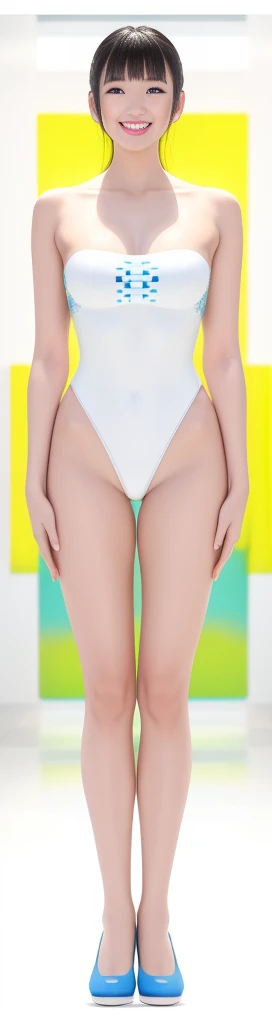 On a white background,A tall and beautiful Chinese girl,with fair skin,Toothy smile,A big smile,When you laugh, Your eyes are crescent-shaped,blunt bangs, long straight hair,Wear a one-piece swimsuit and pumps,Swimsuits are decorated with joyful patterns, Stand up straight,Stand upright,hands on sides,Symmetrical distribution,Ray tracing,All shaded areas,No windows, Soft lighting, Warm light, flood light, n, Studio light, 1.4x Realistic Ultra HD