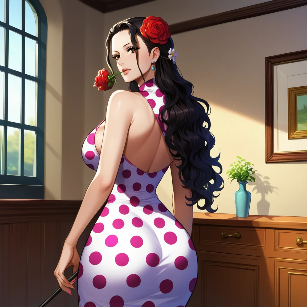 score_9,score_8_up,score_7_up,score_9,score_8_up,score_8,ultra detailed,beautiful face,highres BREAK ViolaOP,1girl,solo,long hair,large breasts,brown eyes,black hair,dress,bare shoulders,hair flower,sensual lips,hair slicked back,polka dot,polka dot dress,room,room background,from behind,looking back,