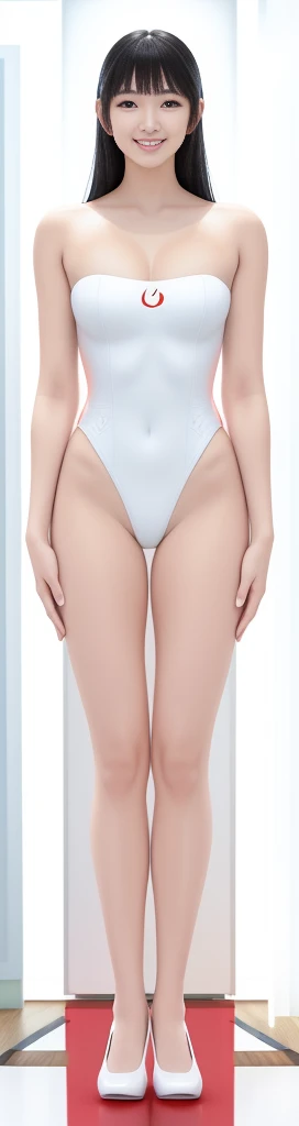 On a white background,A tall and beautiful Chinese girl,with fair skin,Toothy smile,A big smile,When you laugh, Your eyes are crescent-shaped,blunt bangs, long straight hair,Wear a one-piece swimsuit and pumps,Swimsuits are decorated with joyful patterns, Stand up straight,Stand upright,hands on sides,Symmetrical distribution,Ray tracing,All shaded areas,No windows, Soft lighting, Warm light, flood light, n, Studio light, 1.4x Realistic Ultra HD