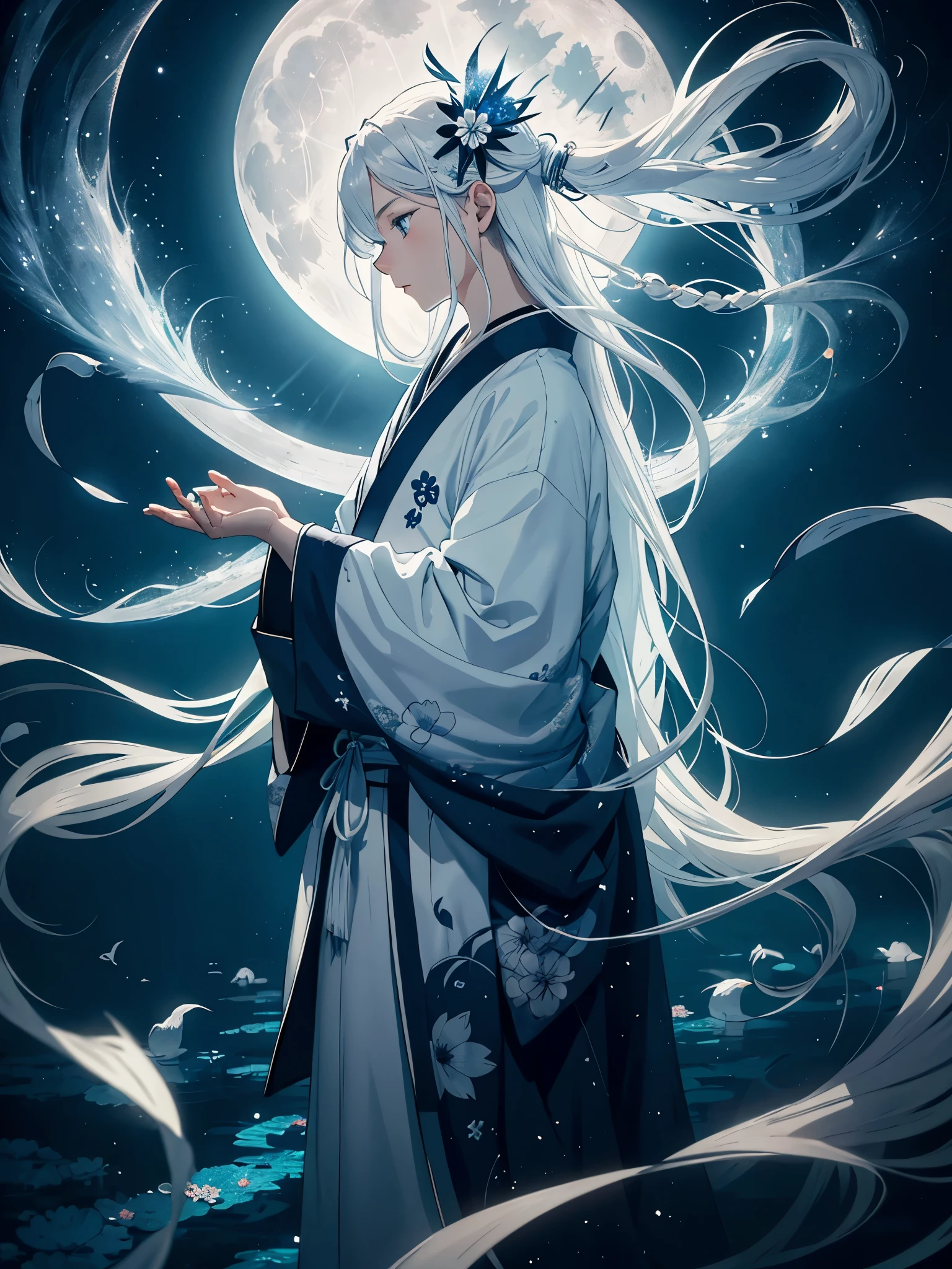 Kimono. White crows. Ghosts. lights. magical. Power animals. Spirit. King of the moon. Long hair. long white hair. aquatic, boy, silver hair accessories, White hair, blue flowers. Blue lights. full moon. holy.