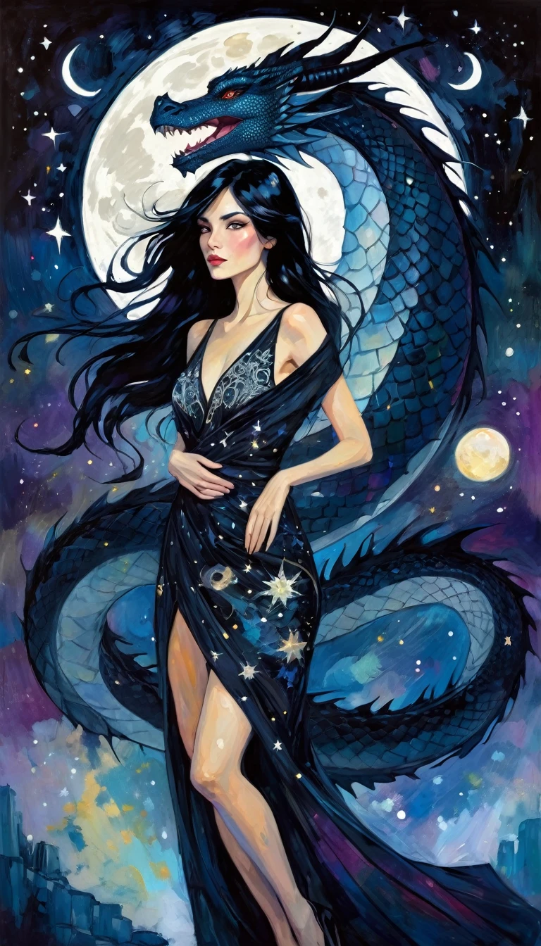 woman and giant dragon, woman with long, sexy black hair, wearing an embroidered dress whose fabrics fly across the image,magic, fantastic, night sky, moon, stars, background, (simple oil painting in a style to Bill Sienkiewicz)