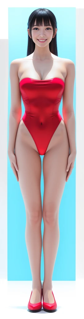 On a white background,A tall and beautiful Chinese girl,with fair skin,Toothy smile,A big smile,When you laugh, Your eyes are crescent-shaped,blunt bangs, long straight hair,Wear a one-piece swimsuit and pumps,Swimsuits are decorated with joyful patterns, Stand up straight,Stand upright,hands on sides,Symmetrical distribution,Ray tracing,All shaded areas,No windows, Soft lighting, Warm light, flood light, n, Studio light, 1.4x Realistic Ultra HD