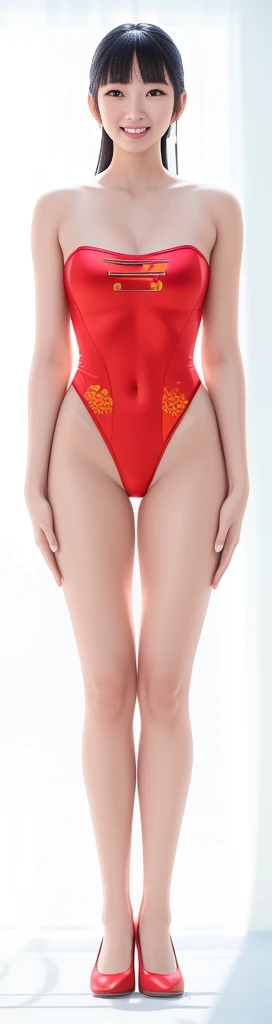 On a white background,A tall and beautiful Chinese girl,with fair skin,Toothy smile,A big smile,When you laugh, Your eyes are crescent-shaped,blunt bangs, long straight hair,Wear a one-piece swimsuit and pumps,Swimsuits are decorated with joyful patterns, Stand up straight,Stand upright,hands on sides,Symmetrical distribution,Ray tracing,All shaded areas,No windows, Soft lighting, Warm light, flood light, n, Studio light, 1.4x Realistic Ultra HD