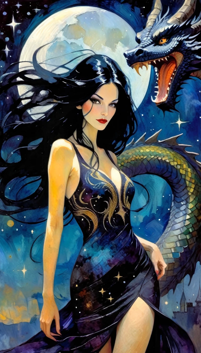 woman and giant dragon, woman with long, sexy black hair, wearing an embroidered dress whose fabrics fly across the image,magic, fantastic, night sky, moon, stars, background, (simple oil painting in a style to Bill Sienkiewicz)