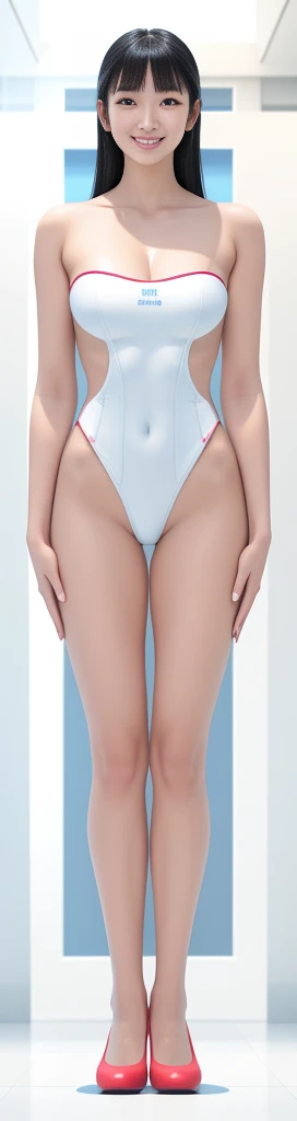 On a white background，A tall and beautiful Chinese girl，with fair skin，Toothy smile，A big smile，When you laugh, Your eyes are crescent-shaped，blunt bangs, long straight hair，Wear a one-piece swimsuit and pumps，Swimsuits are decorated with joyful patterns, Stand up straight，Stand upright，hands on sides，Symmetrical distribution，Ray tracing，All shaded areas，No windows, Soft lighting, Warm light, flood light, n, Studio light, 1.4x Realistic Ultra HD