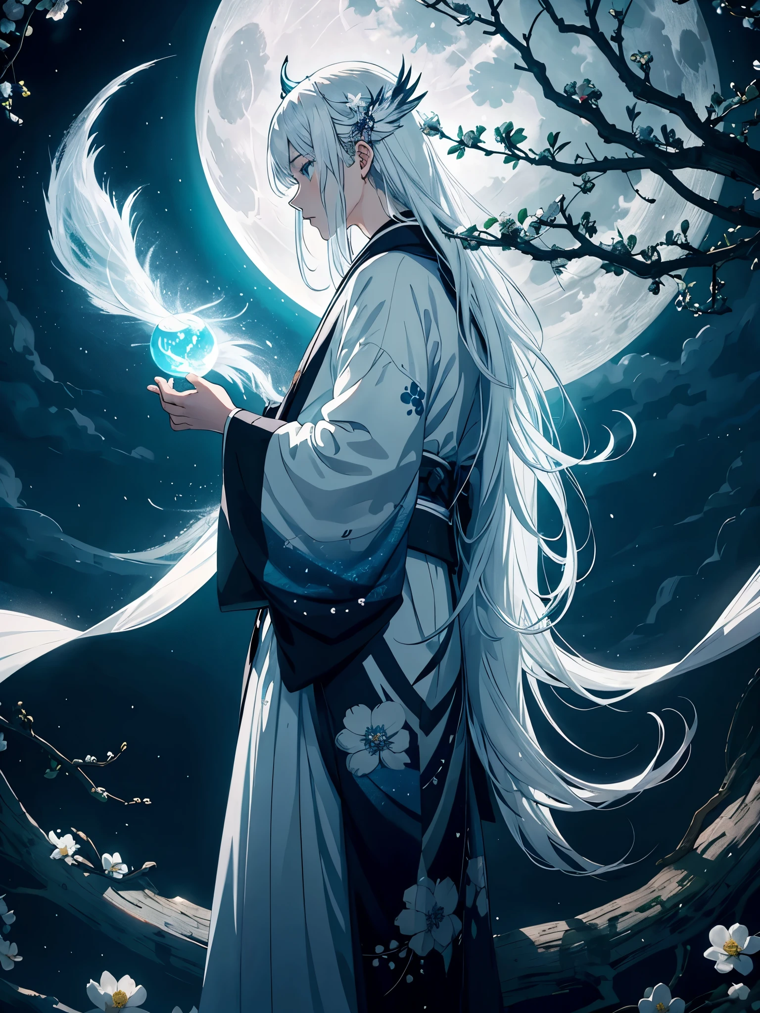 Kimono. White crows. Ghosts. lights. magical. Power animals. Spirit. King of the moon. Long hair. long white hair. aquatic, boy, silver hair accessories, White hair, blue flowers. Blue lights. full moon. holy.