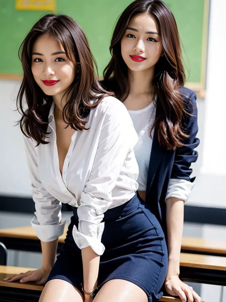 Classroom Background、pubic hair、Large Breasts、Thighs、Red lipstick、(((Glaring)))、Curly Hair、Disheveled Hair、Cute woman、high school girl、White shirt、Navy frill mini skirt、Open chest shirt、tie、smile、A shirt with underwear showing through、Looking from behind、