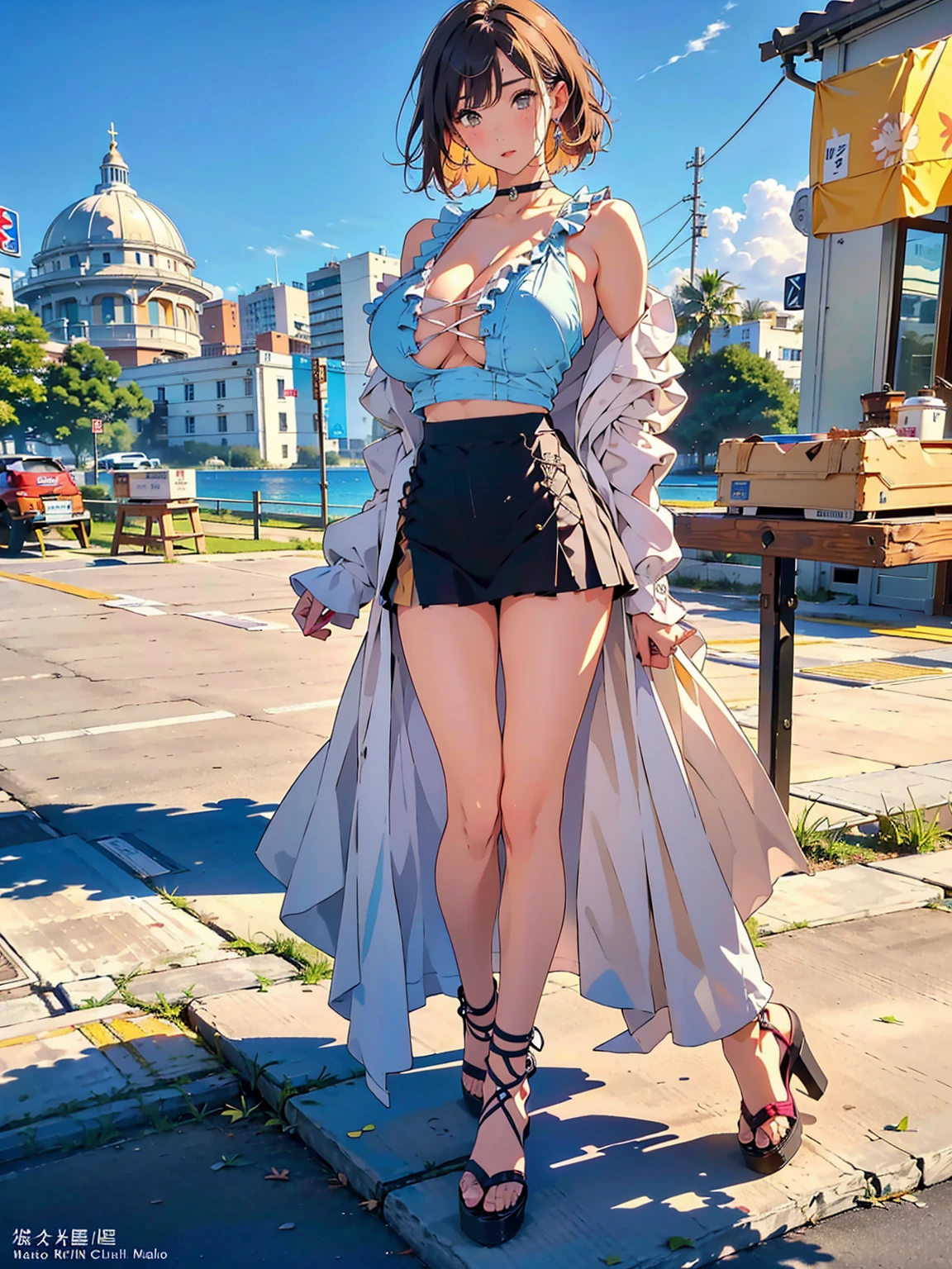 top-quality、超A high resolution、(Photorealsitic:1.4)、Crisp skin、Realistic skin texture, 4K, Model Body Type、((White skin、Realistic Skin, Natural skin texture:1 )), a girl、(thin hair, black, semi-long, faded brown hair:1)、(huge-breasted:1.5), Surprised、blush、looking at viewert、close up face、Upper body photo、short  hair,((random color, cold shoulder top)), ((Random Color, flare skirt)),、(()), 、((Accentuate your breasts)), ,((Morning walk, sunny:1.5)),, ((Full body photo:1.5)),(cute shirt,Ruffled shirt, shirt), ((High heel sandals)),Model poses for fashion magazine, city,