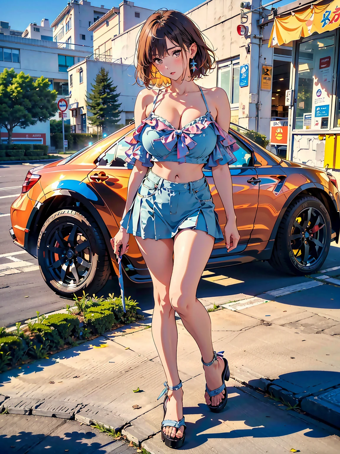 top-quality、Full limbs、complete fingers、One beautiful woman、Beautiful Large Breasts、short-hair、bobhair、Brown hair、Race Queen Costume、A big smile、motor show、Event Venues、Standing in front of a supercar、Decided Pose