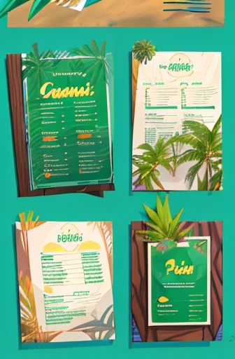 Accurate Sketch of a tropical bar menu, (((professional menu design))), (best quality:1.2), (detailed:1.2), (4k, high resolution), (masterpiece:1.2), ultra-detailed, (realistic, photo-realistic:1.37), A4 format, 4 pages layout, "Green Bar" neon sign title, crocodile silhouette watermark, palm tree silhouettes, wavy line dividers, cat icons as bullet points, cocktail section with palm leaf frames, "420" section with subtle ????? symbols, sand texture background, (beach resort atmosphere:1.1), color sketch, clean lines, simple sans-serif font, clear layout design, modern tropical style, (menu structure:1.2), price alignment, contact information footer, social media icons, QR code on last page, (readability:1.3), balanced composition
