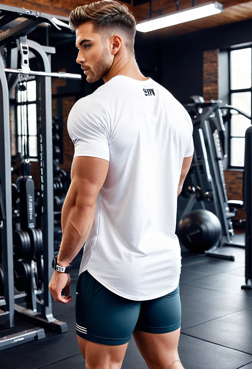 generate an image of loose t-shirt oversized model to post on Instagram and create an advertisement for oversized white gym t-shirts. The image should feature the t-shirts from the back, with people modeling them from the front and back. The focus should be primarily on the back, highlighting the back area for easy editing to add prints on the t-shirts. The environment should be a rustic, slightly dark gym setting to give an authentic workout atmosphere. The images should appeal to stylish individuals who go to the gym and consume gym-related clothing and products. The images should be well-defined and in high resolution. The primary focus should be on the back of the t-shirts, plain shirt