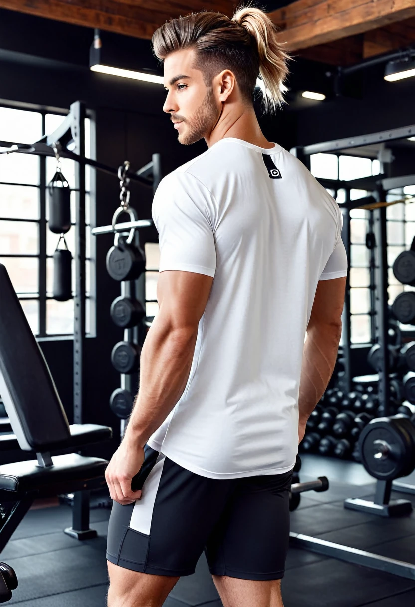 generate an image of loose t-shirt oversized model to post on Instagram and create an advertisement for oversized white gym t-shirts. The image should feature the t-shirts from the back, with people modeling them from the front and back. The focus should be primarily on the back, highlighting the back area for easy editing to add prints on the t-shirts. The environment should be a rustic, slightly dark gym setting to give an authentic workout atmosphere. The images should appeal to stylish individuals who go to the gym and consume gym-related clothing and products. The images should be well-defined and in high resolution. The primary focus should be on the back of the t-shirts, plain shirt