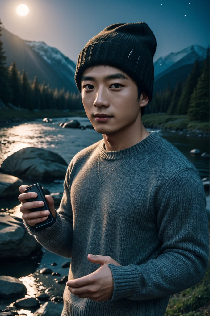 photograph, photo of Park Seo-Joon, selfie, upper body, solo, wearing pullover, outdoors, (night), mountains, real life nature, stars, moon, cheerful, happy, gloves, sweater, beanie, forest, rocks, river, wood, smoke, fog, looking at viewer, skin texture, photo grain, close up, RAW photo
