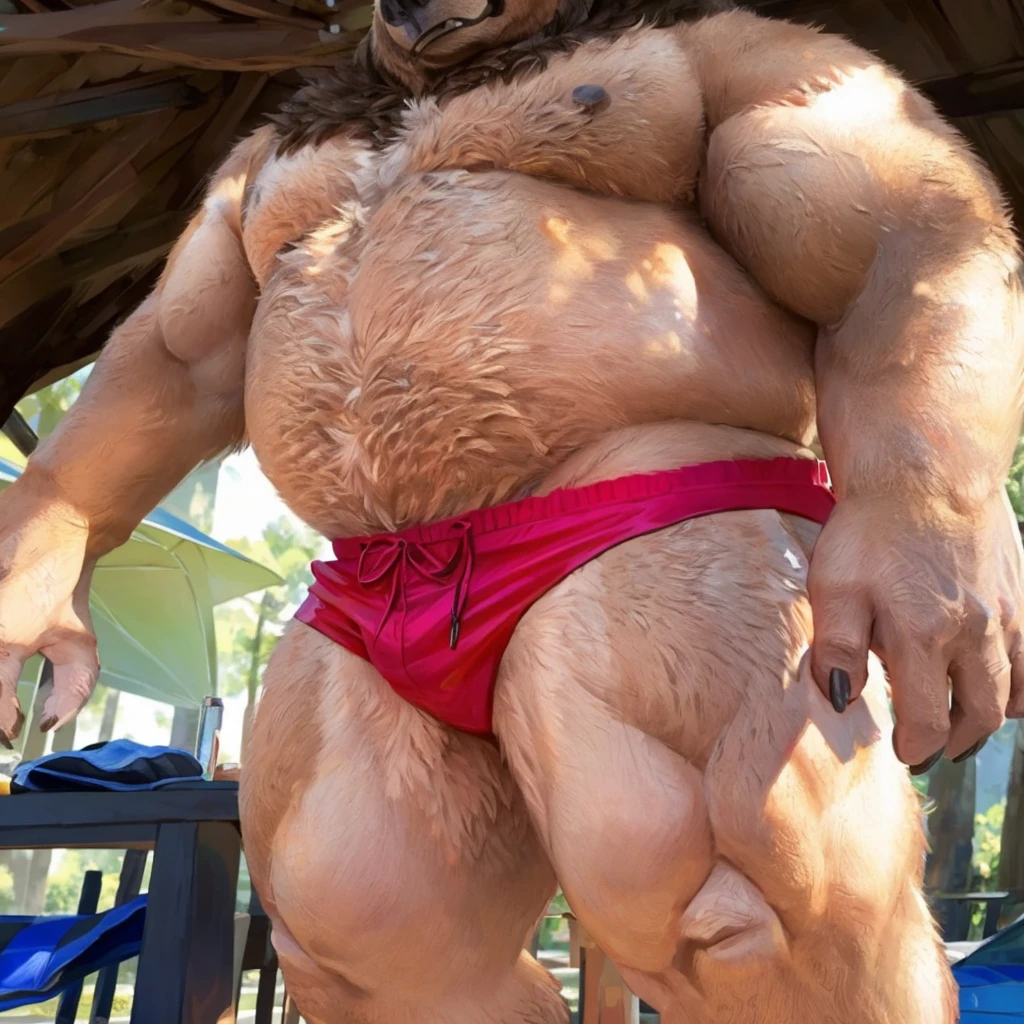 a anthropomorphic muscular grizzly bear in red swim trunks standing, mid-shot of a grizzly bear torso.