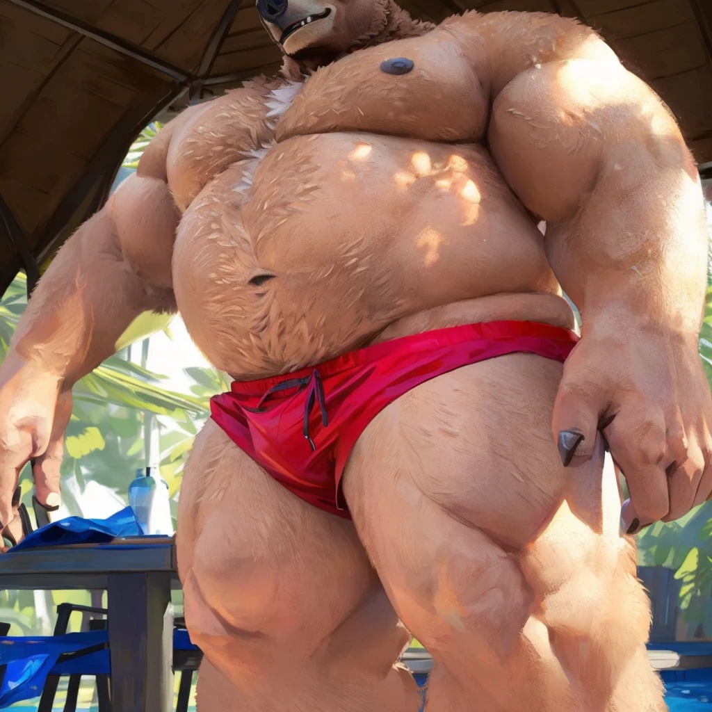 a anthropomorphic muscular grizzly bear in red swim trunks standing, mid-shot of a grizzly bear torso.