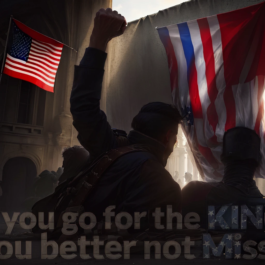 There stands a man, holding a flag with a quote on it, backshot, Banner, Flag in hands, Patriot, Gott schütze die kingin!!!, Flag in the right hand, patriotism, king, kneeling!!, Patriotic, image, Header, , Military, Fotoillustration, Motivation poster, king of kings, Patriotic!, kneeling, flag, Officially