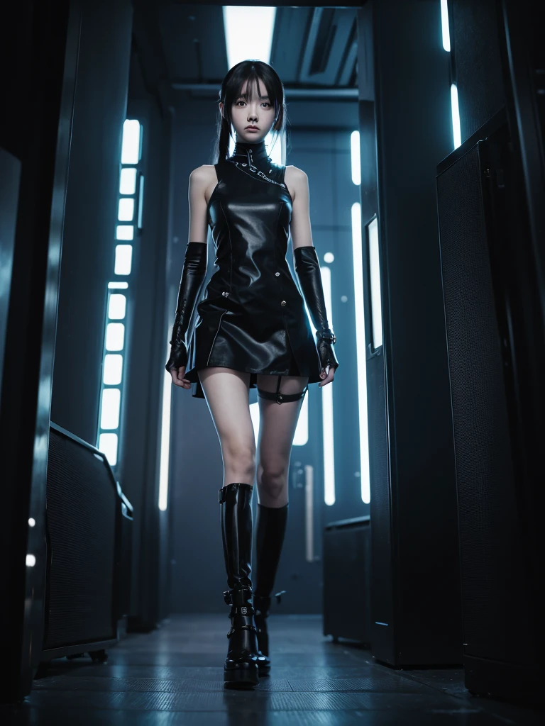 1girl, solo, looking at distance, wide, sad, black dress, reaching hand to sky, cyberpunk setting, anime style 