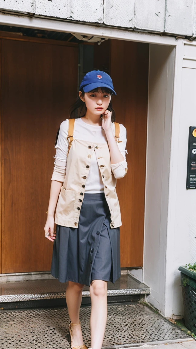 (((The shoulder strap of the bag can be worn diagonally across the body:1.4)))、((Viewing angle from below、Highest quality、masterpiece、32k、Every detail counts))、Descend the outdoor stairs、commute、whole body、Very tight camisole、Strong winds、(((A strong wind blows my hair and skirt away:1.62)))、、One Girl, alone、(((mini skirt, No underwear:1.22)))、Big Breasts、barefoot, High heels