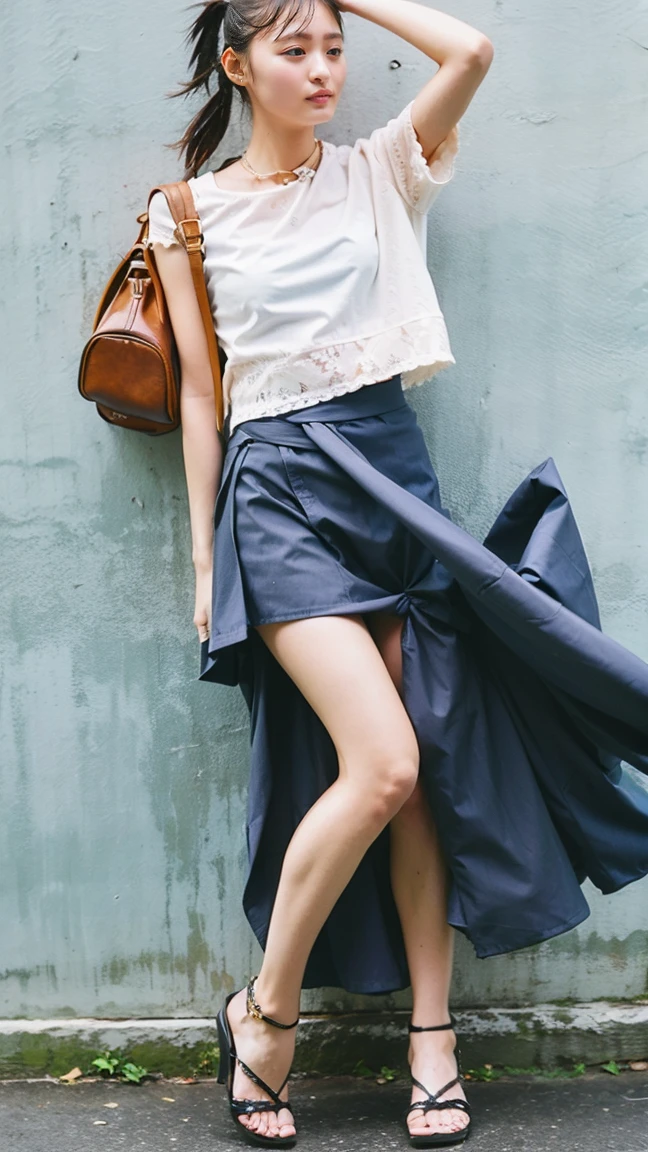 (((The shoulder strap of the bag can be worn diagonally across the body:1.4)))、((Viewing angle from below、Highest quality、masterpiece、32k、Every detail counts))、Descend the outdoor stairs、commute、whole body、Very tight camisole、Strong winds、(((A strong wind blows my hair and skirt away:1.62)))、、One Girl, alone、(((mini skirt, No underwear:1.22)))、Big Breasts、barefoot, High heels