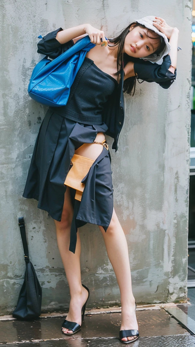 (((The shoulder strap of the bag can be worn diagonally across the body:1.4)))、((Viewing angle from below、Highest quality、masterpiece、32k、Every detail counts))、Descend the outdoor stairs、commute、whole body、Very tight camisole、Strong winds、(((A strong wind blows my hair and skirt away:1.62)))、、One Girl, alone、(((mini skirt, No underwear:1.22)))、Big Breasts、barefoot, High heels