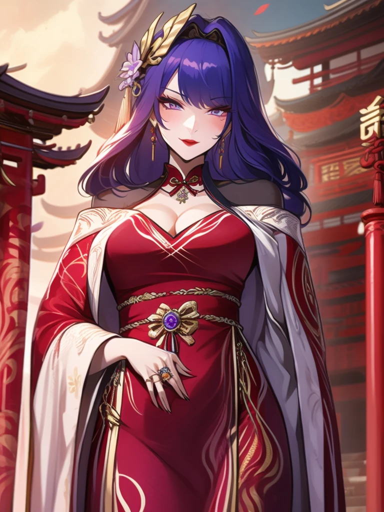 score_9, score_8_up, score_7_up, score_6_up, score_5_up, score_4_up, Raiden shogun, purple eyes, purple long hair, tied hair, hair in a bun, hairpin, traditional Chinese red wedding hanfu dress, Yourqipao Red Embroidery Chinese Xiuhe Hanfu Women's Satin Cheongsam Ancient Traditional Chinese Bride, Wedding Dress, Long Dresses, Long Earrings, Red Lipstick, Detailed Eyes, Traditional Wear, Sexy Attractive, Hot, Traditional, Smiling Wide, Happy, Blush, Gold Jewelry, Gold Earrings, Gold Headpiece and Ring, Gold Necklace, Gold Trimmed hanfu, beautiful bride.