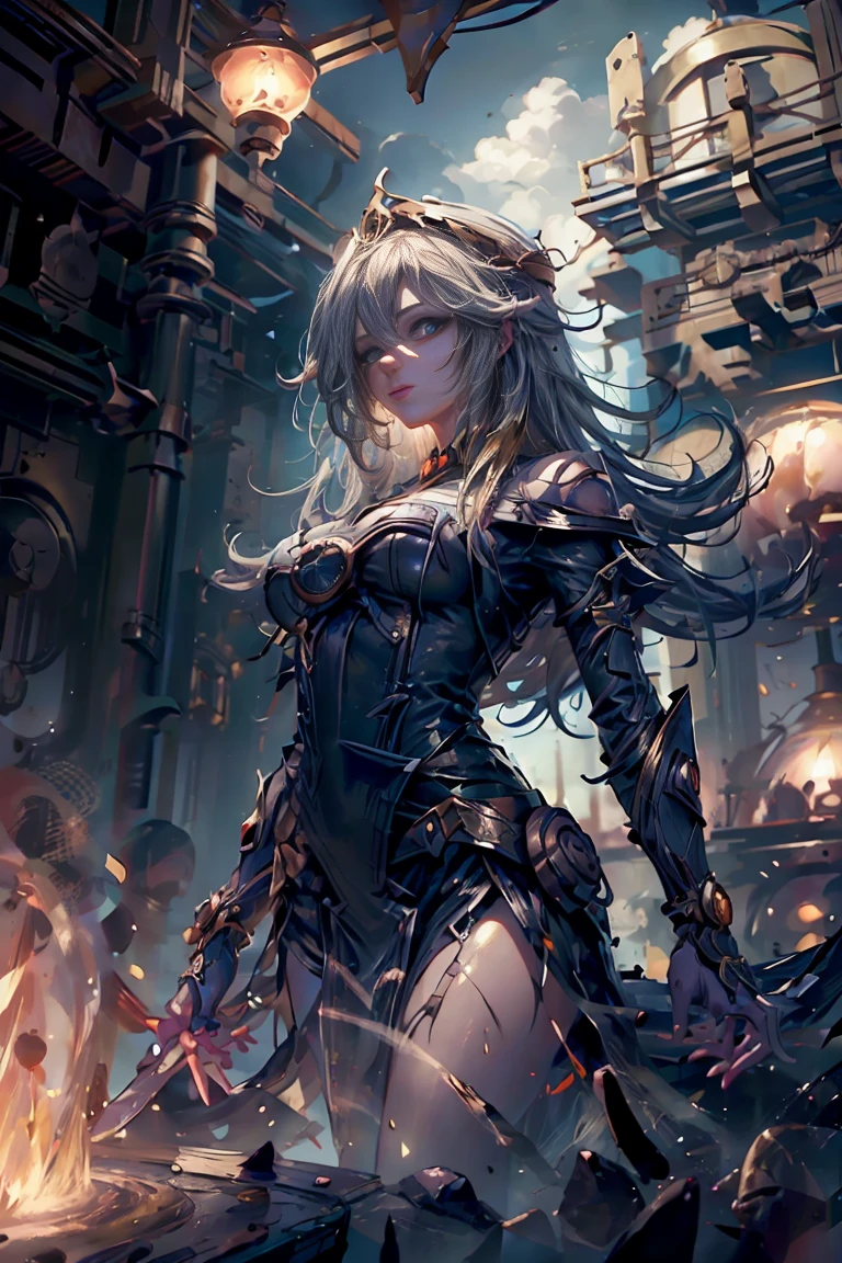 Masterpiece, The best quality,
1Girl Dark Wizard Gils, only, long hair, blond hair, photorealistic,
(Beautiful finely detailed eyes: 1.2),open clothing, bright Eyes, shiny hair, Glossy skin, Metal construction, wires and cables, (bright Eyes), (mechanical arms), Science fiction,(Large mecha arm),cowboy shot, energy tank,