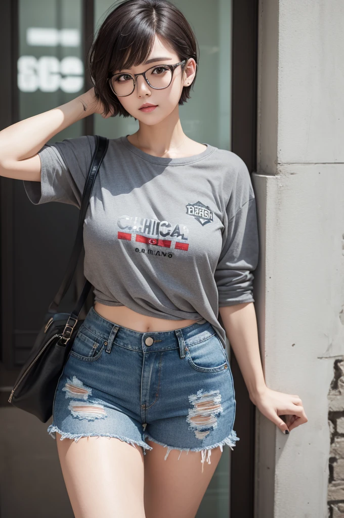 Woman with short military style hair with glasses and a gray blouse with Chicago written on it and denim shorts