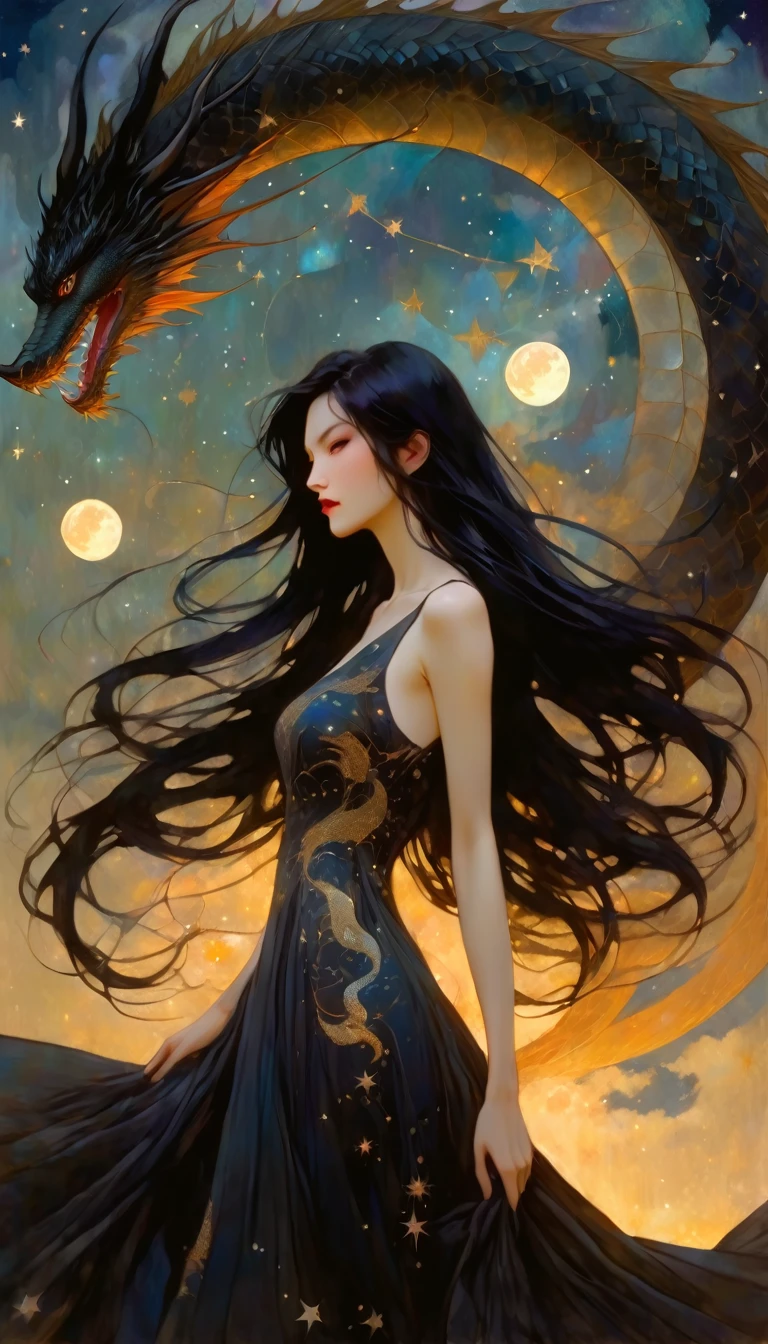 woman and giant dragon, woman with long, sexy black hair, wearing an embroidered dress whose fabrics fly across the image,magic, fantastic, night sky, moon, stars, background, (simple oil painting in a style to Bill Sienkiewicz)
