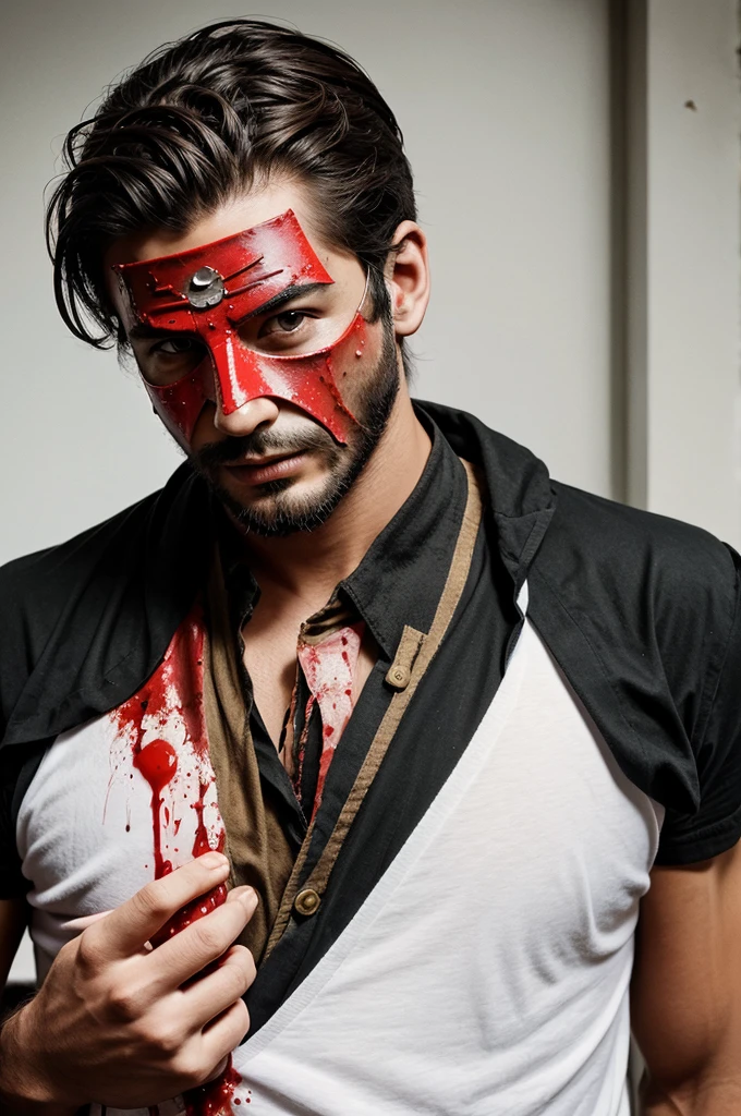 Create a man with a bird mask & a bloody head in his hand