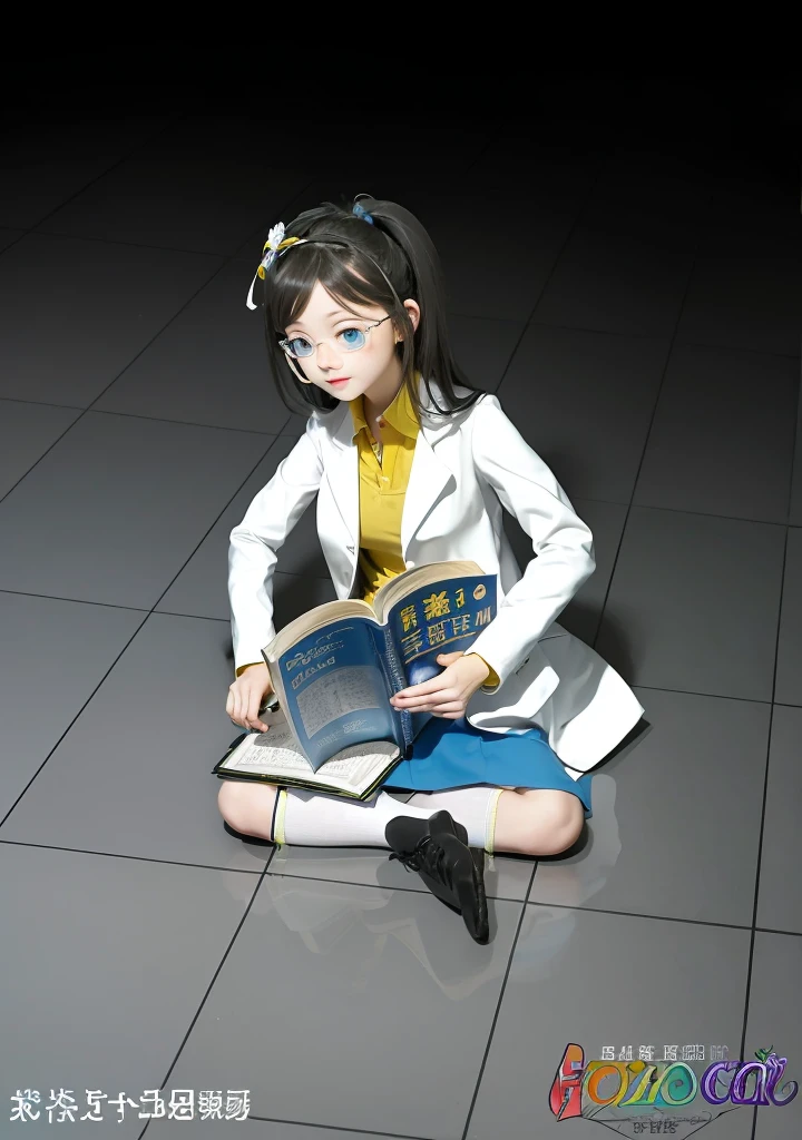 Girl, dark hair, blue eyes, flower hairpin, white lab coat, yellow shirt, blue skirt, black shoes, white socks, dark blue calculus book,writing,studying on the floor, half dark room