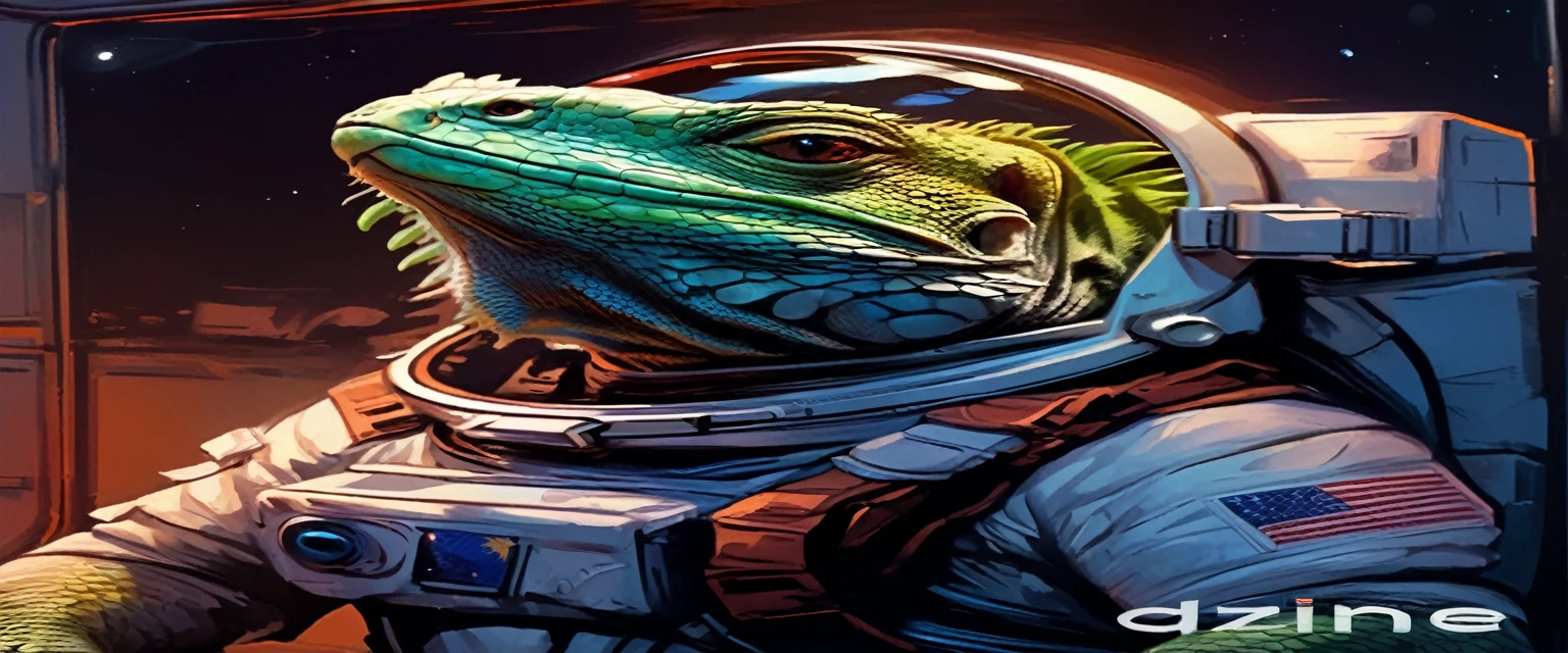 lizard in spacesuit with helmet and American flag on chest, reptilian extraterrestrial, science fiction lizard alien, lizard Man art, sci-fi lizard Man, amazing space creature 4k, hedgehog cosmonaut portrait, inspired by Bob Eggleton, lizard person, lizard Man, Detailed digital illustration, award-winning creature portrait, science fiction illustrations