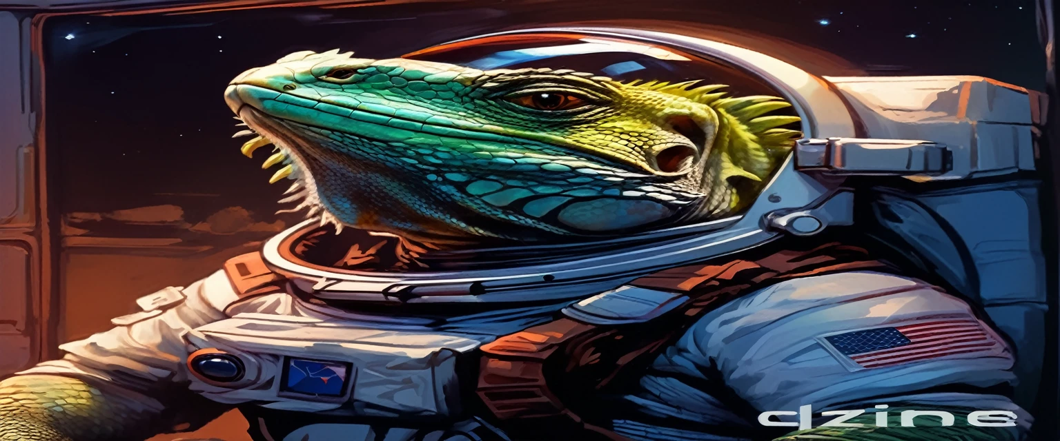 lizard in spacesuit with helmet and American flag on chest, reptilian extraterrestrial, science fiction lizard alien, lizard Man art, sci-fi lizard Man, amazing space creature 4k, hedgehog cosmonaut portrait, inspired by Bob Eggleton, lizard person, lizard Man, Detailed digital illustration, award-winning creature portrait, science fiction illustrations