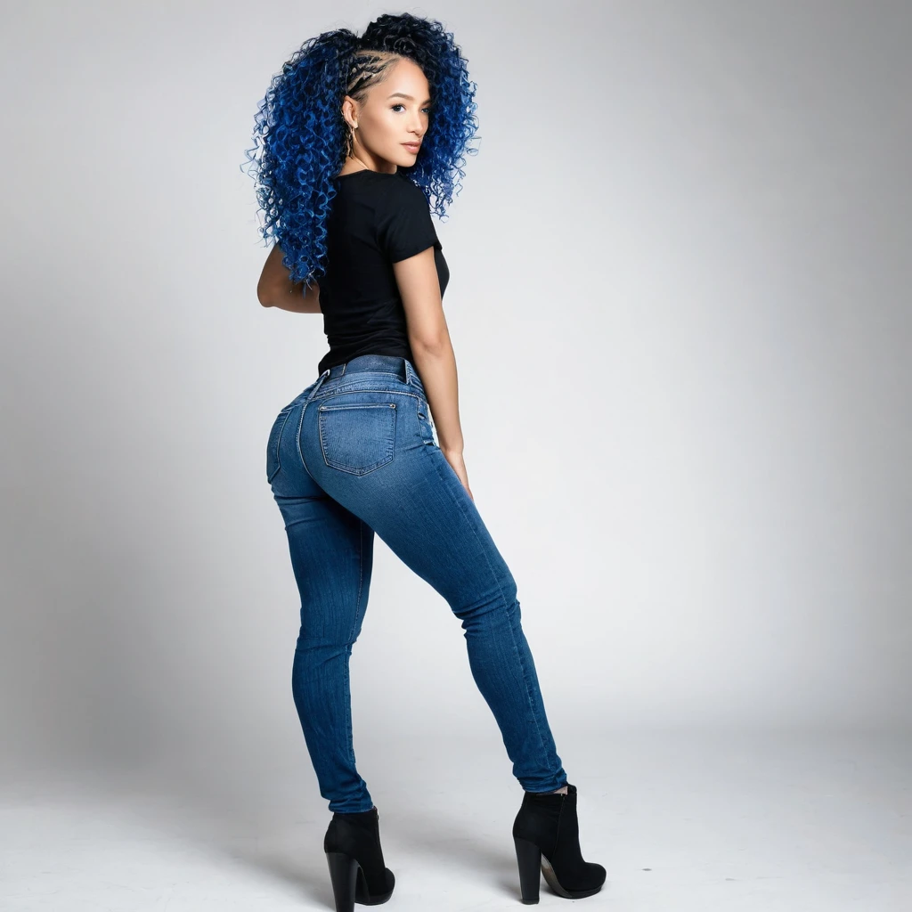 1 beautiful biracial blue hair, blue eyes, extremely detailed full body, De Derrière, round butt, black shorty jeans, white t-shirt, Résolution Haute, Langue Sortie, photoshoot, studio
