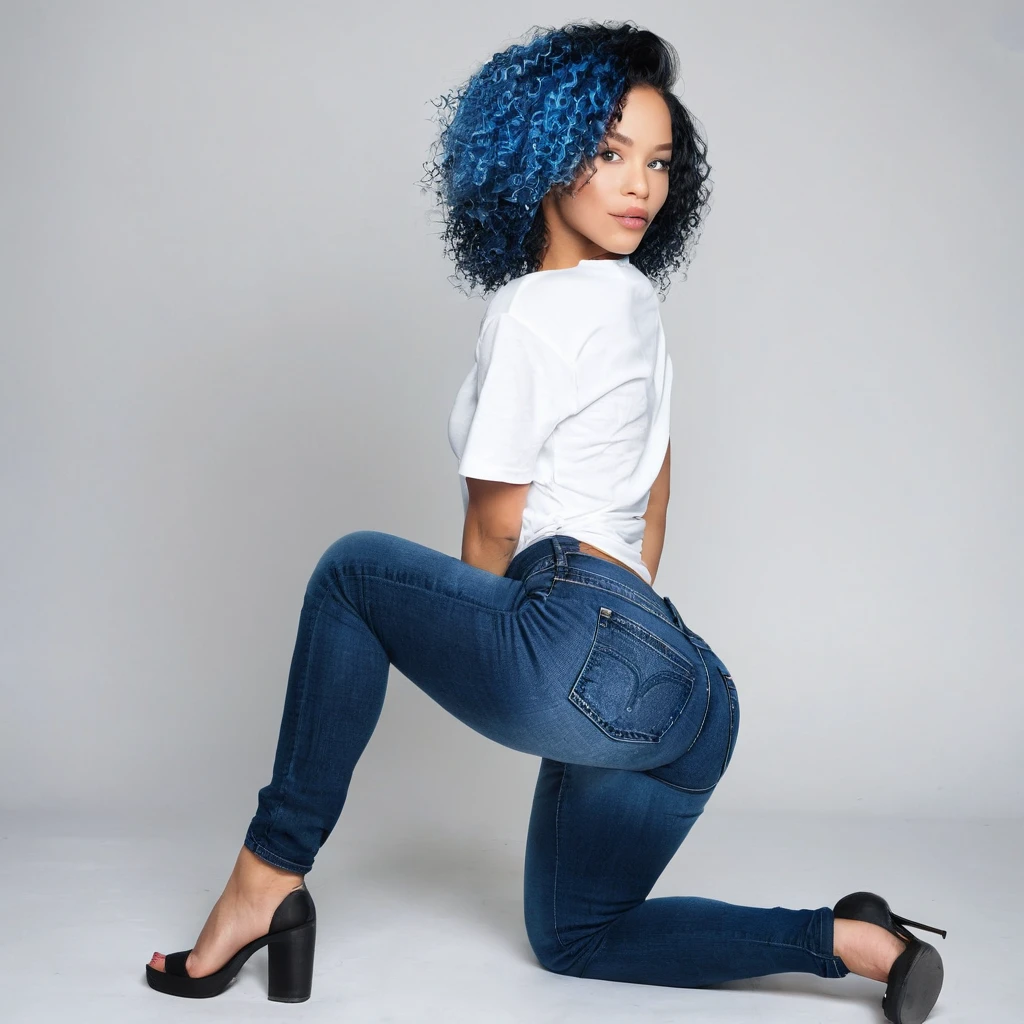 1 beautiful biracial blue hair, blue eyes, extremely detailed full body, De Derrière, round butt, black shorty jeans, white t-shirt, Résolution Haute, Langue Sortie, photoshoot, studio
