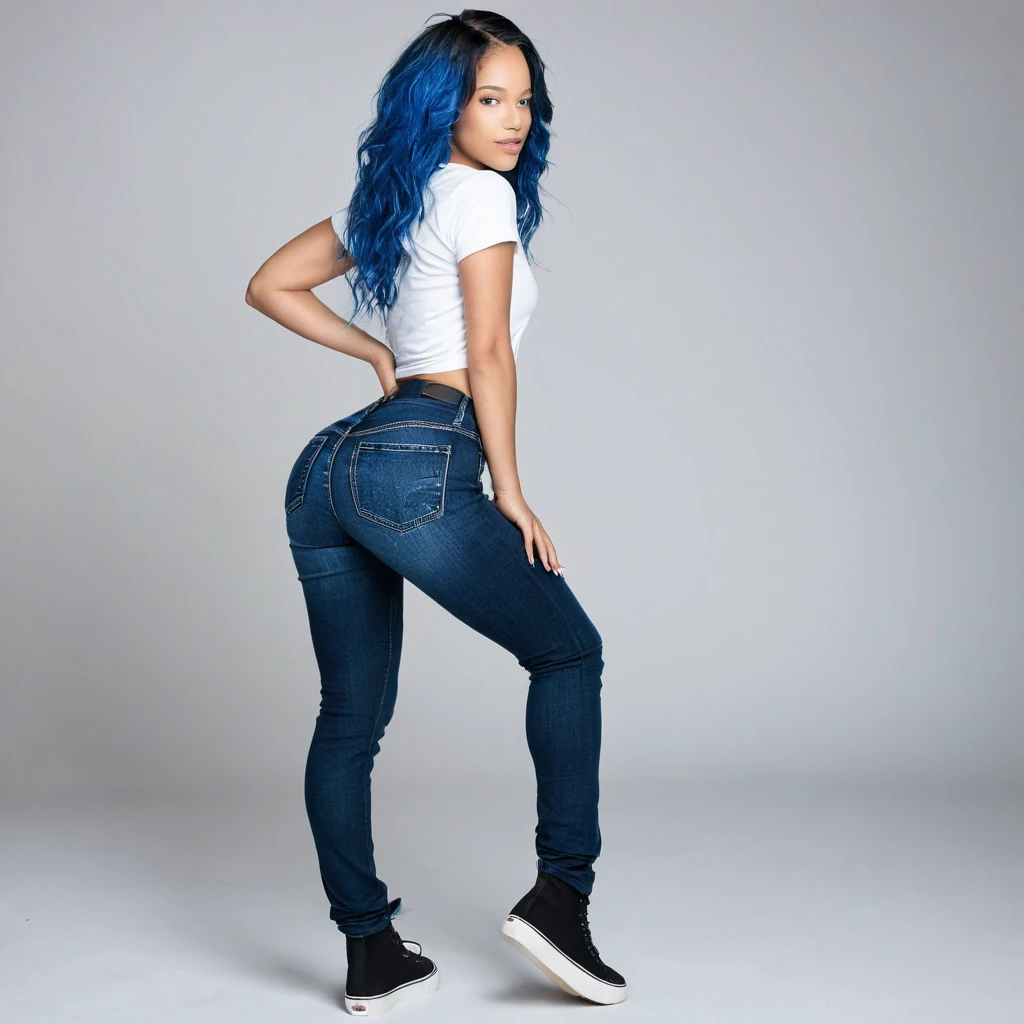 1 beautiful biracial blue hair, blue eyes, extremely detailed full body, De Derrière, round butt, black shorty jeans, white t-shirt, Résolution Haute, Langue Sortie, photoshoot, studio