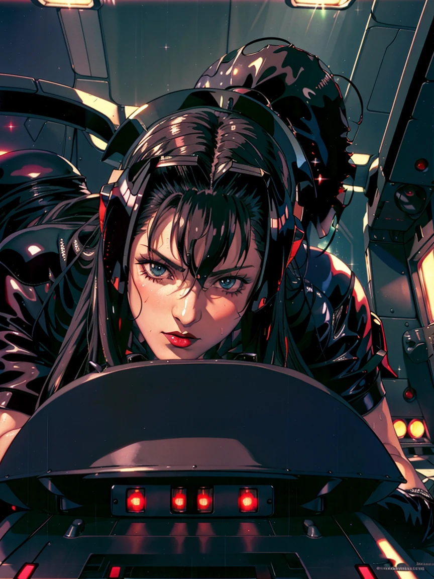 ((gothic vampire piloting in gothic spacecraft)), (((retro anime))), ((from below)), ((120 fov)), ((((gothic)) control panels)), (((mature))), (((gothic))), iridescent bodysuit, (((lace accessories))), ((pilot seat)), ((((lying back)) pose)), (((elegant))), (((serious tone))), ((cockpit top control panel)), intricate control panel details, close-up, 1990s (style), masterpiece, ((claustrophobic)), best quality, screens, ((pilot helmet)), night, (colorful cockpit lights), sparkles, (dramatic lighting), sweat, wet, [blushing], [[[pointy ears]]]