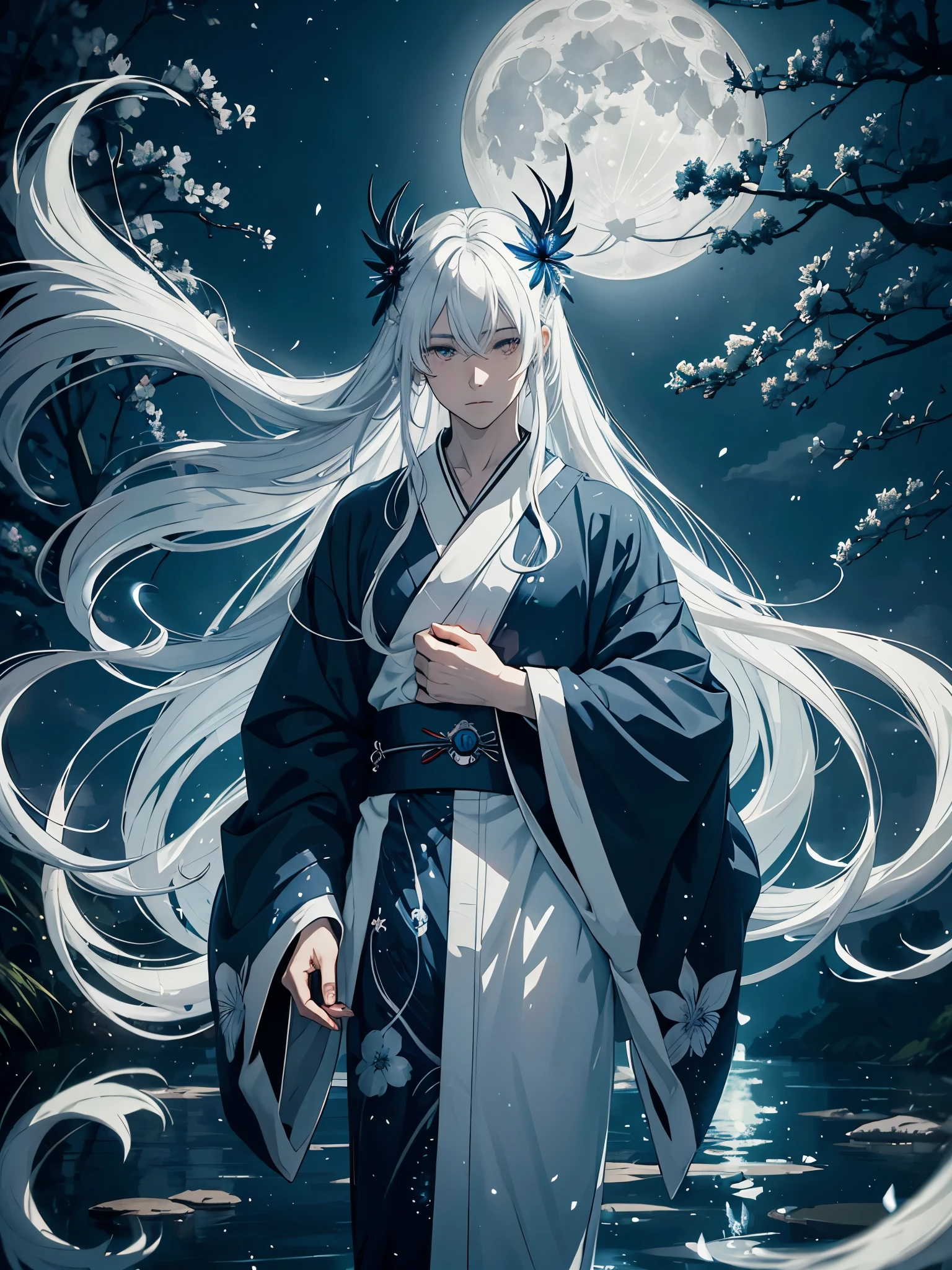 Mehr anime. Kimono. White crows. Ghosts. lights. magical. Power animals. Spirit. King of the moon. Long hair. long white hair. aquatic, boy,  silver hair accessories, White hair, blue flowers. Blue lights. full moon. holy. 