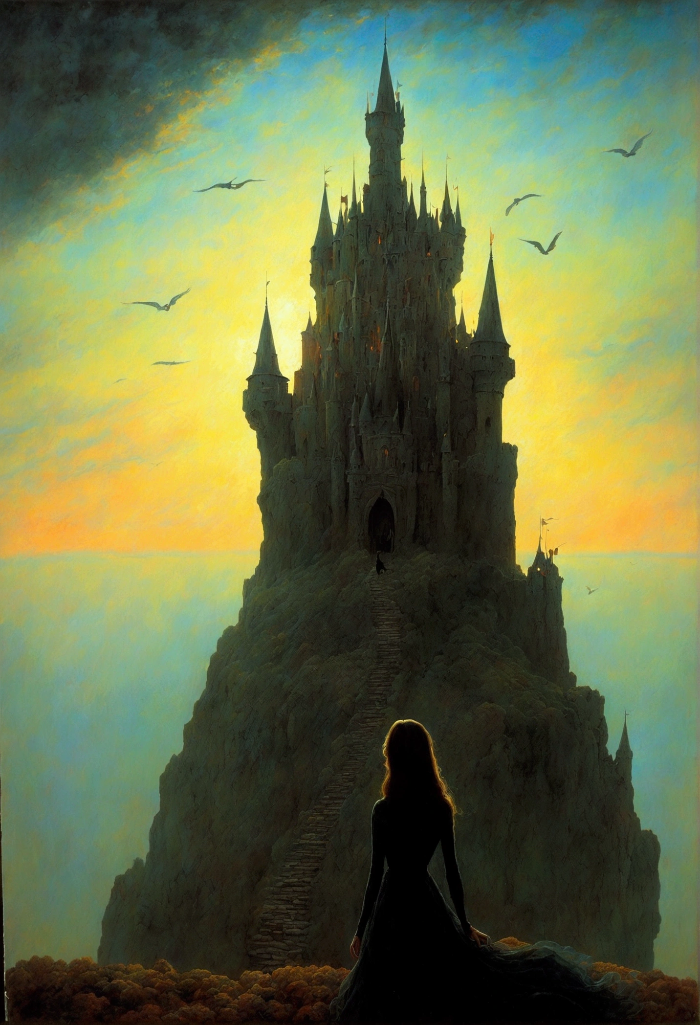 black cat, author:Zdzislaw Beksiński、Big Eye in the Sky、girl、Huge castle