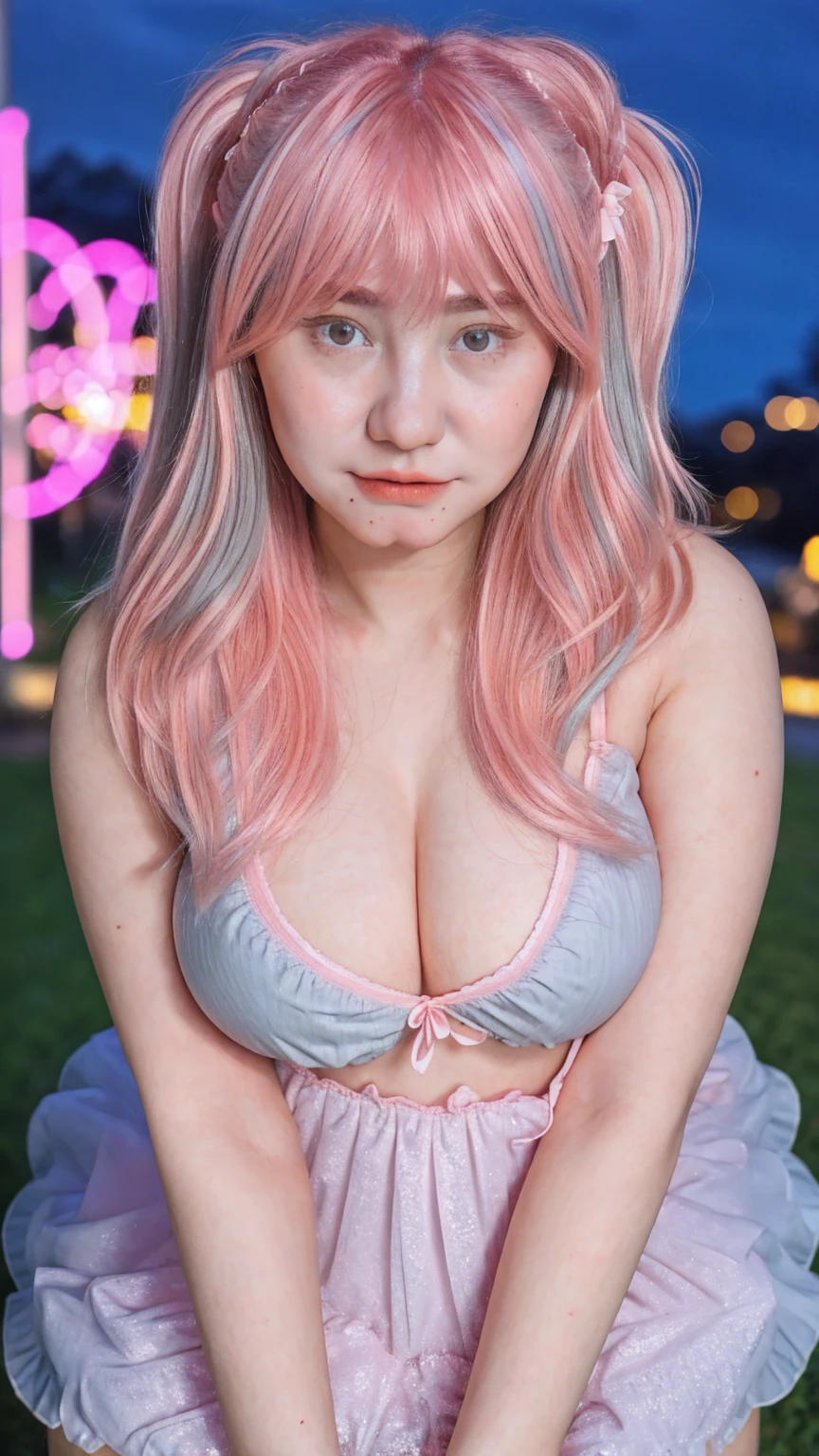 blush, cleavage,glowing aura, natural light, masterpiece,  glossy skin, juicy lips ,long hair, cute, kawaii, adorable,blonde hair, ((pink highlights in hair)), pink eyes, purple bunny ears, smirk, glasses, pigtails and braids, cleavage, bright pink eyes,  , juicy lips, bimbo, hour glass,  happy, shopping bags, shopping, full body Realistic, (3 ),  ((age 3)), rican, beautiful, beautiful face, small, short, sensual poses