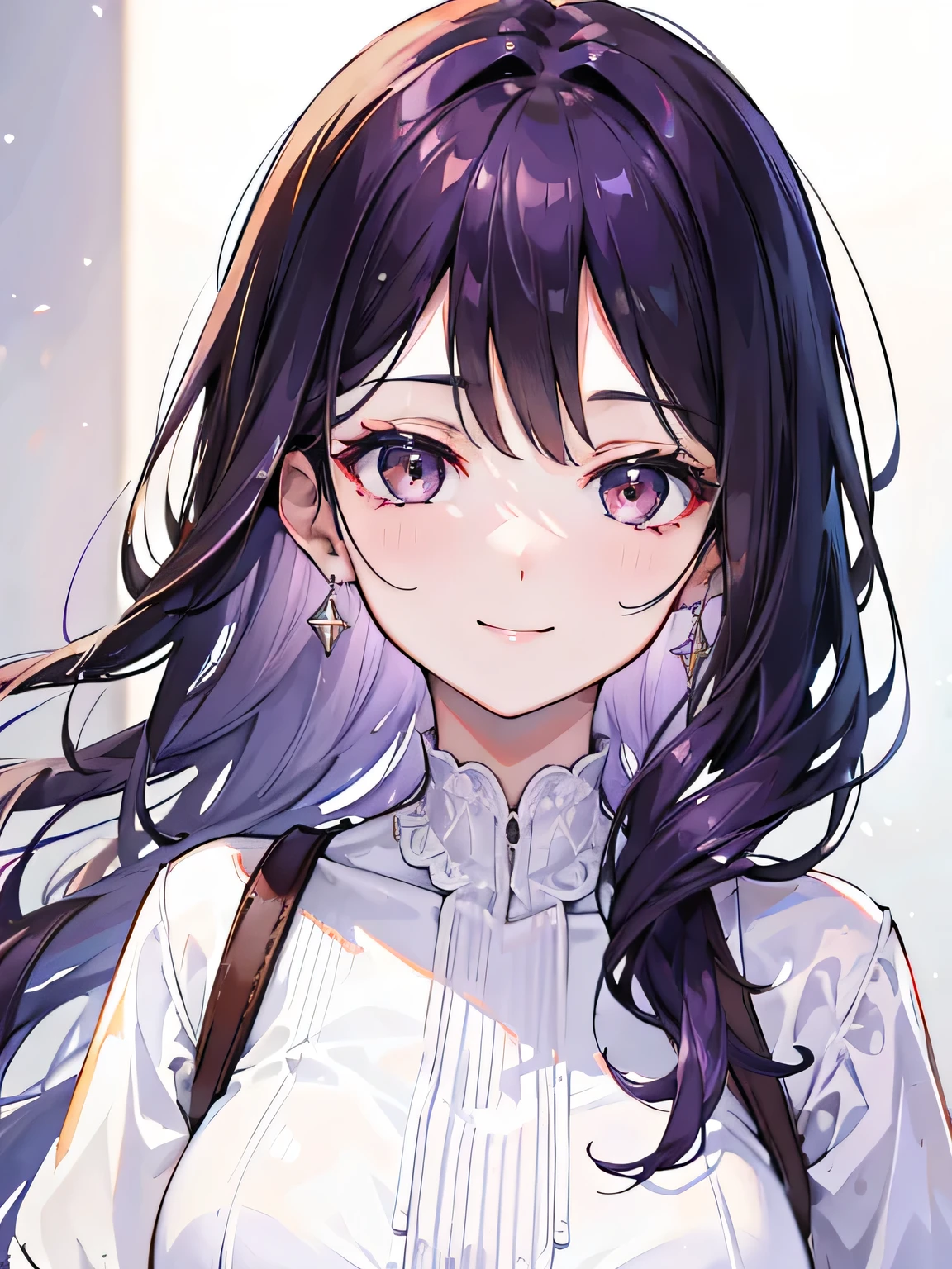 Woman, dark brown eyes, bresil city, white dress, mid hair, 8k, adult face, dark purple hair, day, smiling, absurdres, highres, ultrasharp, 8k, masterpiece, looking at viewer, tall, mature