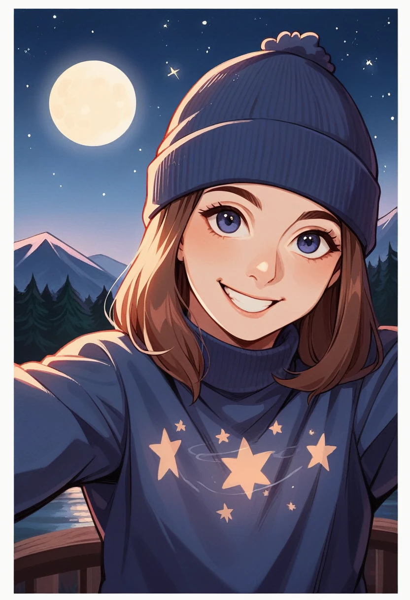 photograph, photo of young couple , selfie together, embrace together , movie style, upper body, solo, wearing pullover, outdoors, (night), mountains, real life nature, stars, moon, cheerful, happy, gloves, sweater, beanie, forest, rocks, river, wood, smoke, fog, looking at viewer, skin texture, photo grain, close up, RAW photo